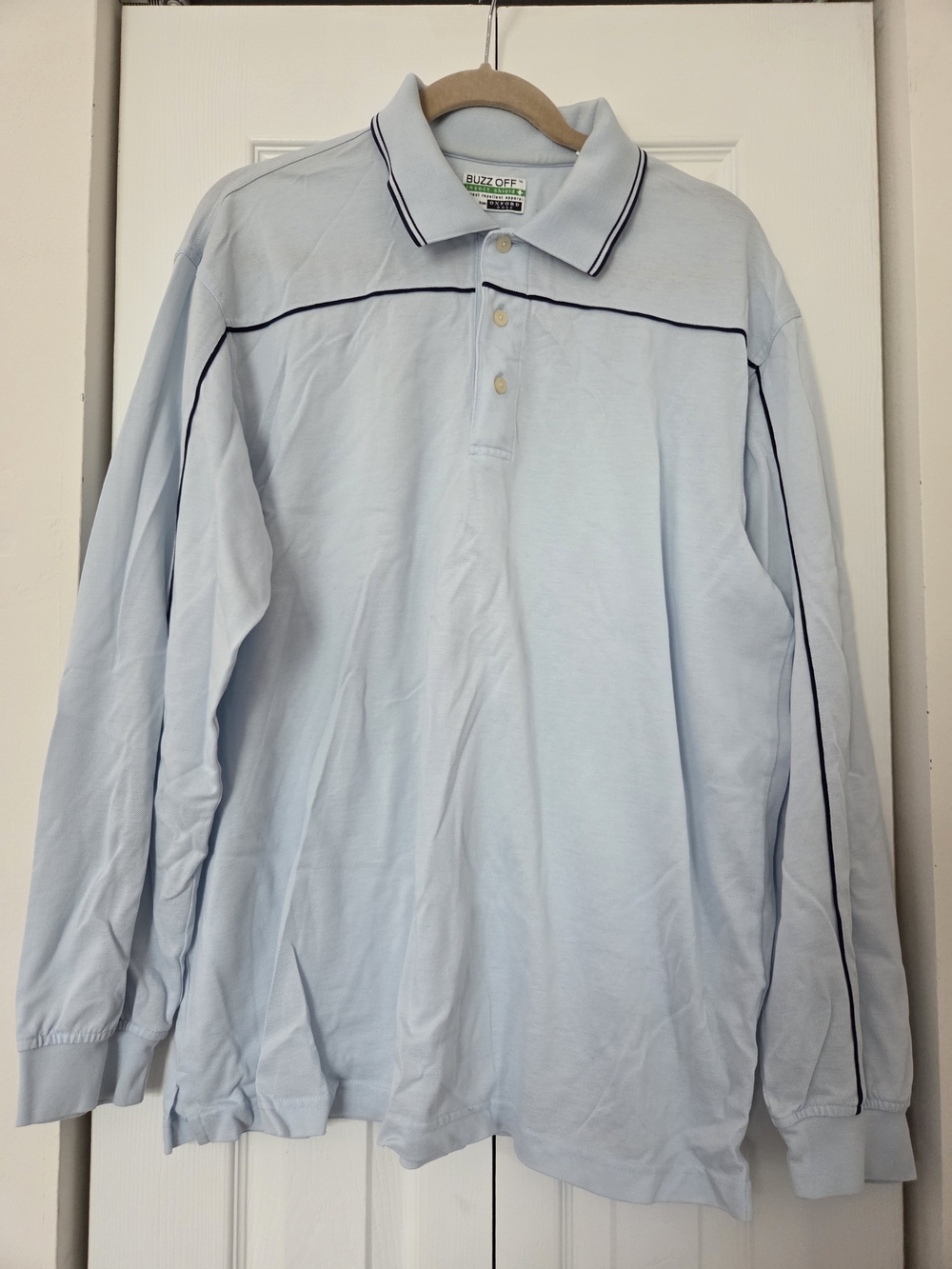 Buzz Off Light Blue Long-Sleeve Polo with Navy Trim